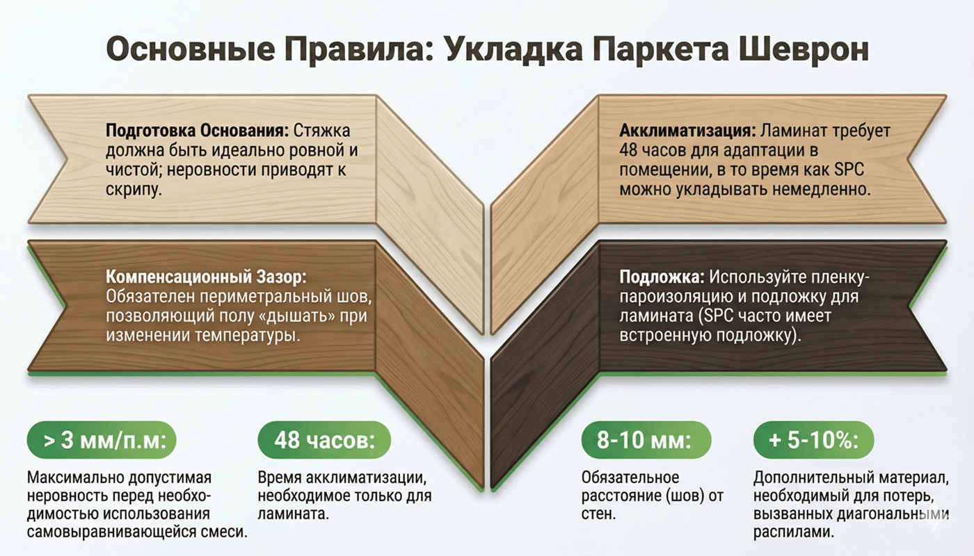 Рекомендации по монтажу ламината и SPC в рисунке Chevron