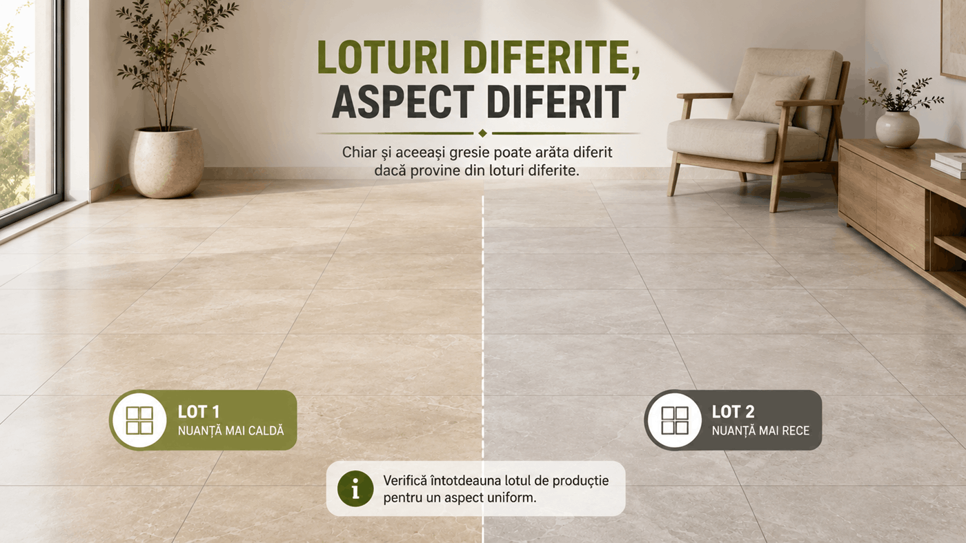 Diferența vizuală între loturi diferite de gresie montate în aceeași cameră