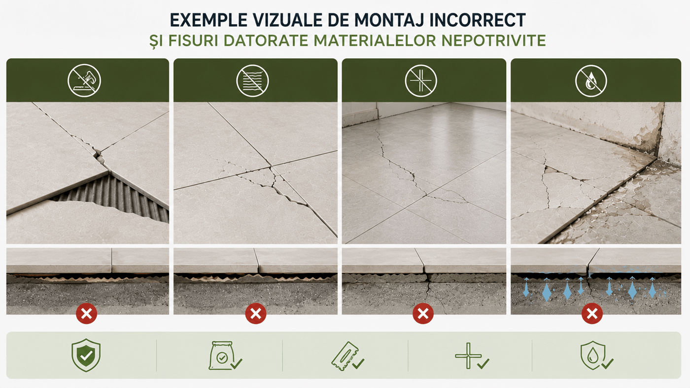 Exemple vizuale de montaj incorect și fisuri datorate materialelor nepotrivite