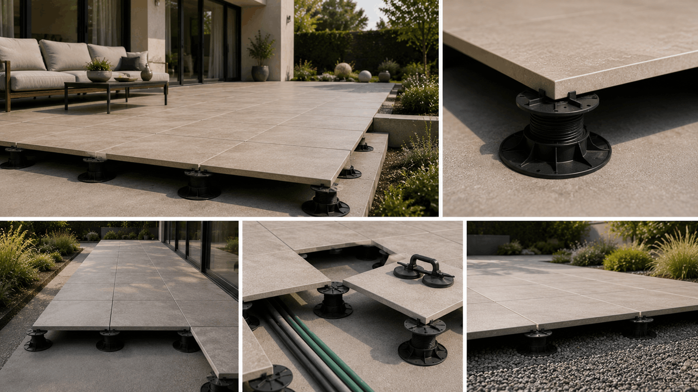 Gresie portelanata de exterior 2 cm montata pe raised flooring ploturi reglabile