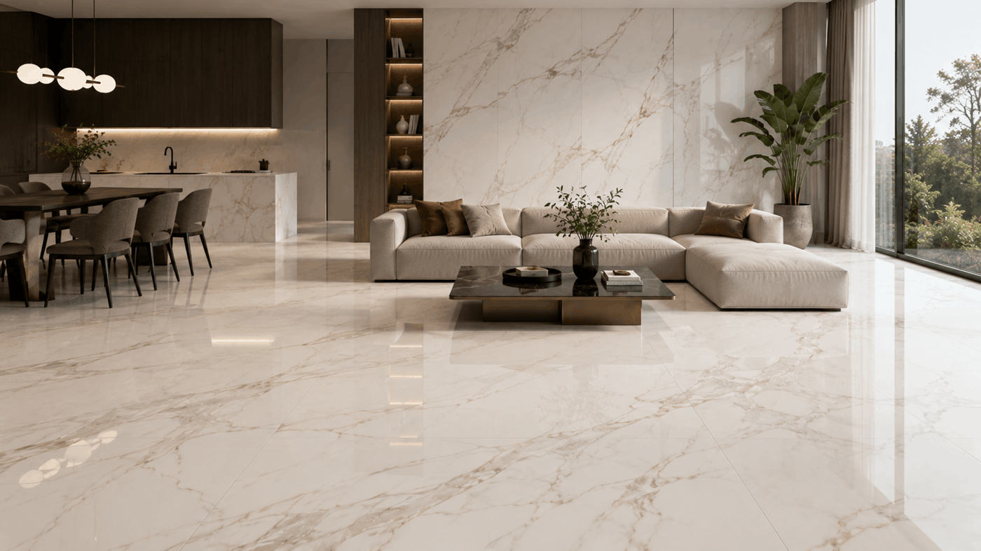 Design interior folosind gresie format XXL cu imitație fidelă de marmură