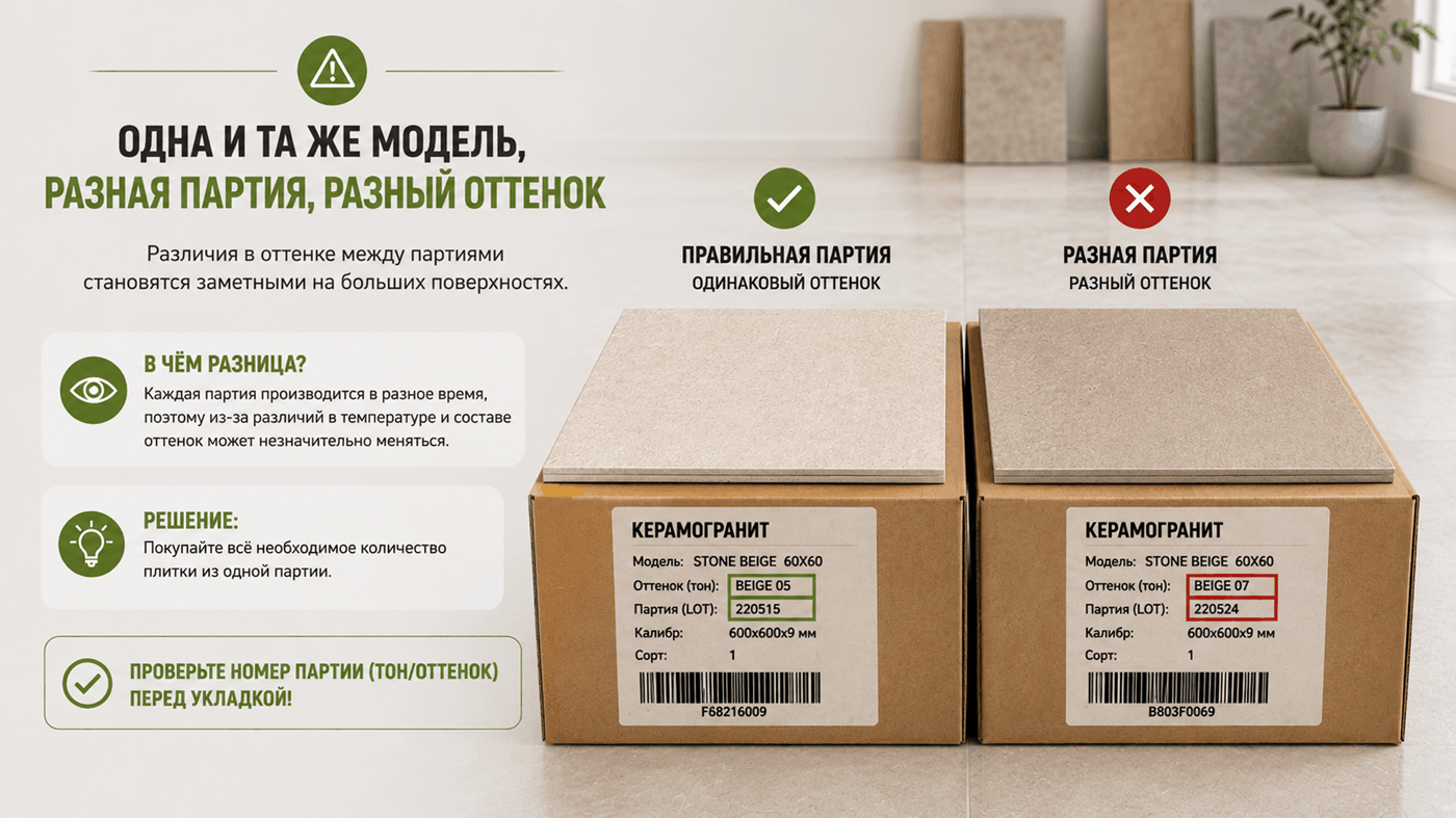 Визуальная проверка двух коробок плитки на совпадение кода партии и тона