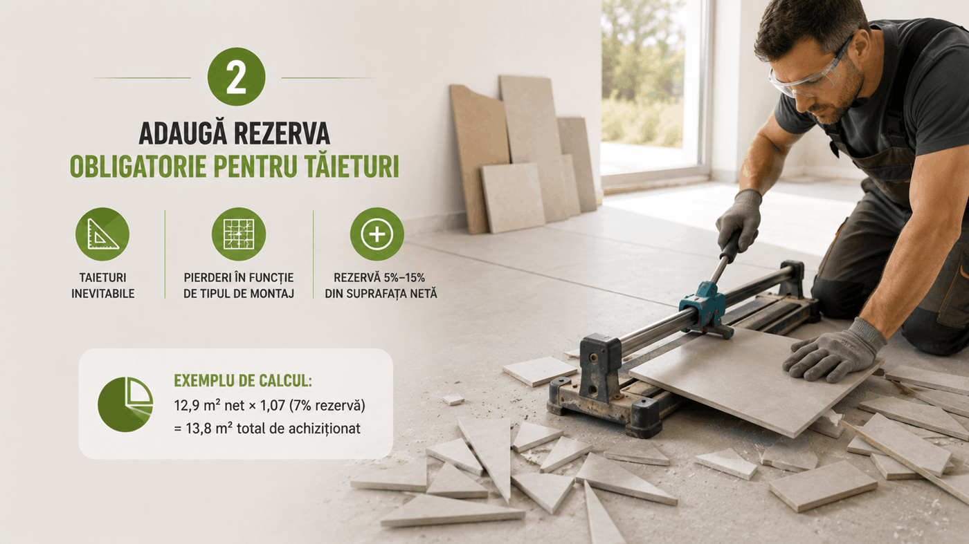 Instalator care taie o placă de gresie cu o mașină specială, generând resturi de material
