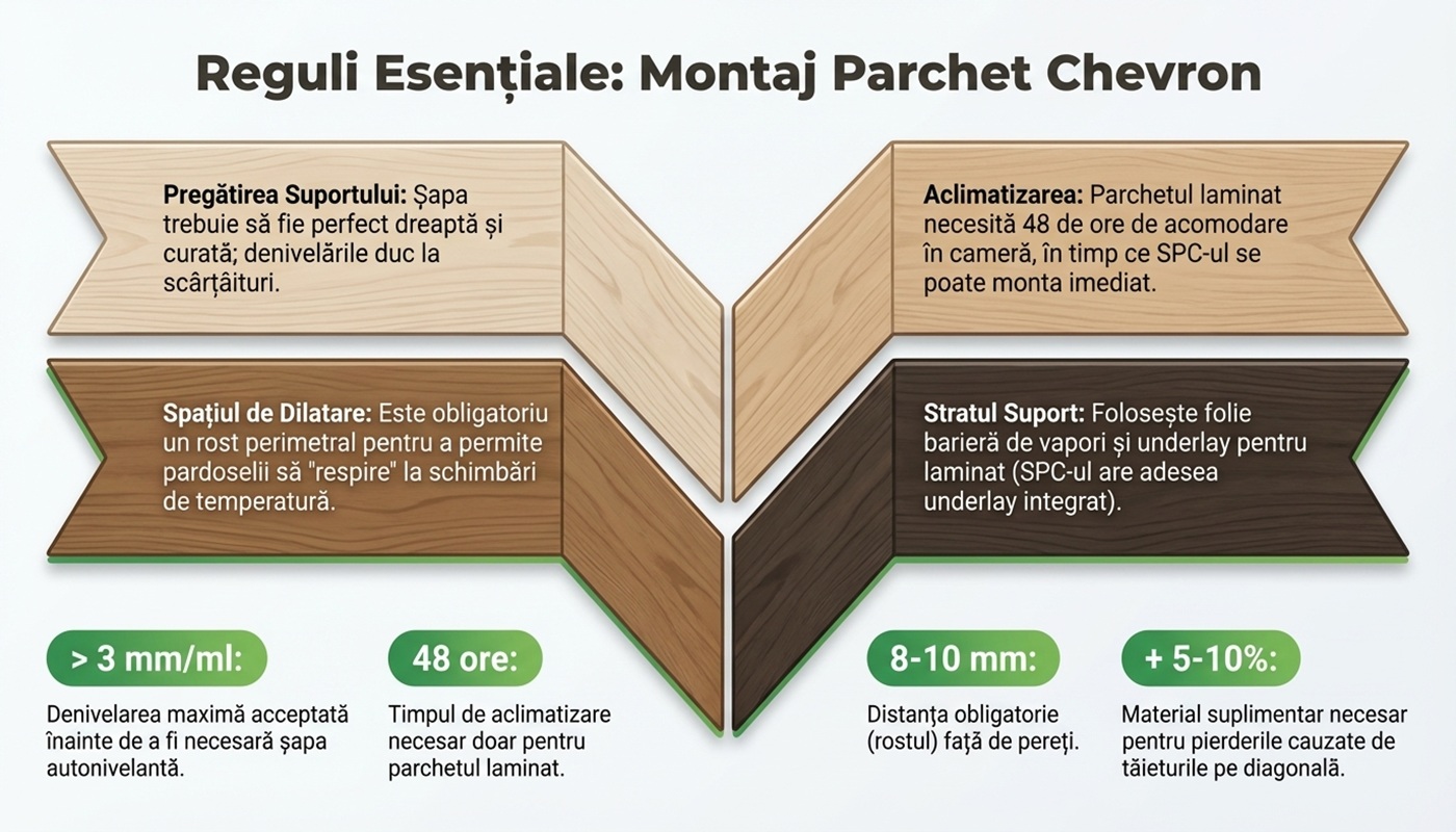 Descopera regulile de montaj la parchet laminat si spc model chevron