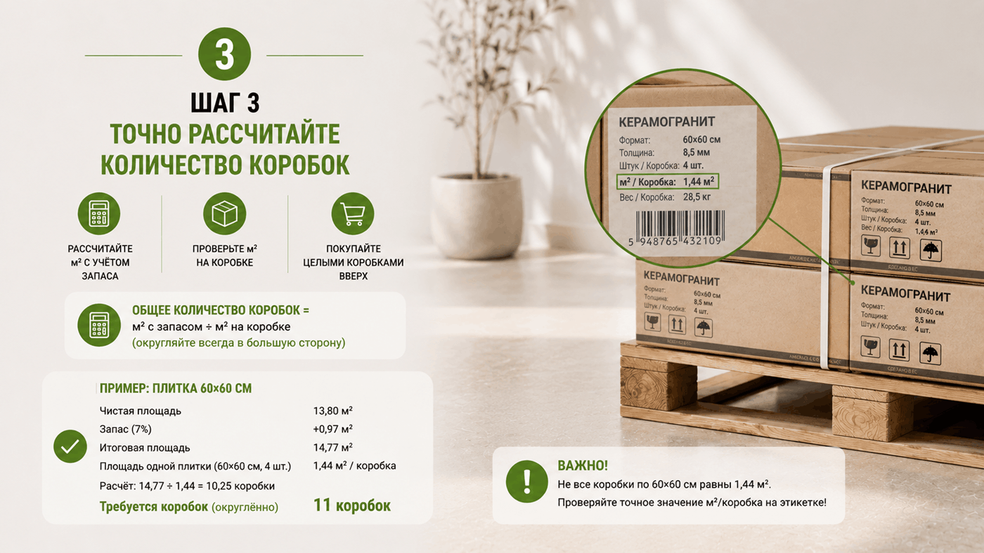 Крупный план этикетки коробки с плиткой, где указаны квадратные метры в упаковке