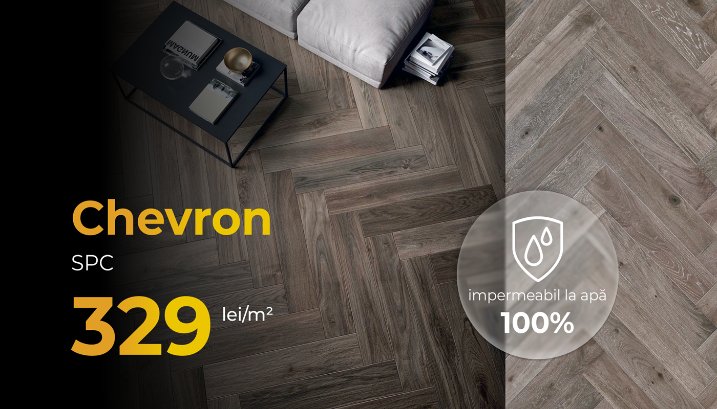 Descopera parchet SPC rezistent 100% la apa, tip chevronla Ceramall