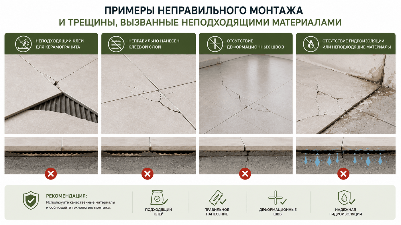 Примеры неправильного монтажа и трещин из-за неподходящих материалов