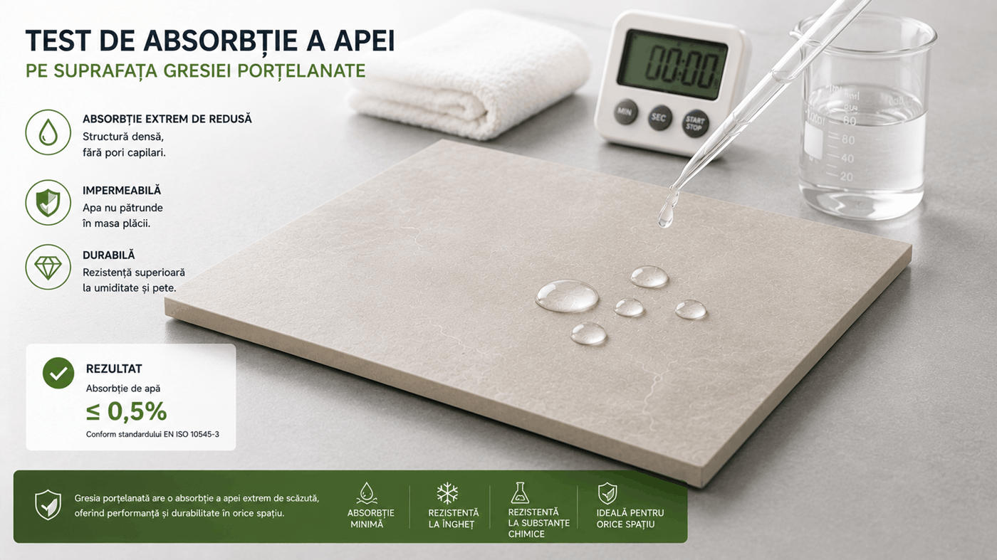 Test de absorbție a apei pe suprafața gresiei porțelanate